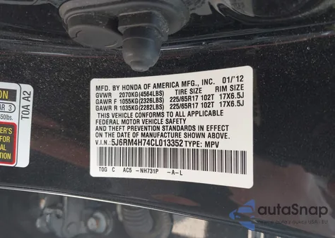2012 Honda Cr-V Ex-L z USA, uszkodzony, nr VIN 5J6RM4H74CL013352